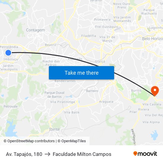 Av. Tapajós, 180 to Faculdade Milton Campos map