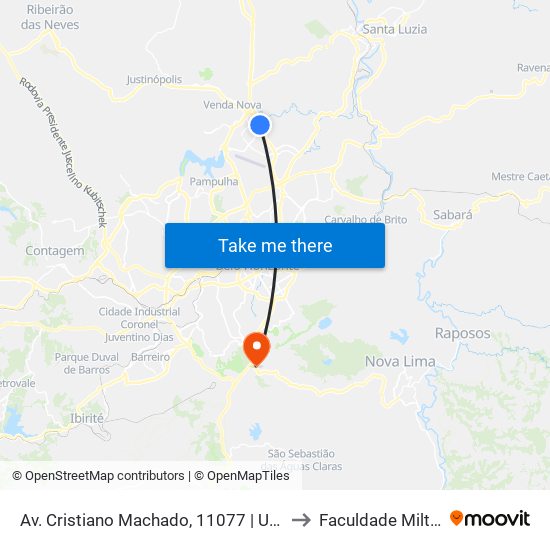 Av. Cristiano Machado, 11077 | Una Campus Linha Verde to Faculdade Milton Campos map