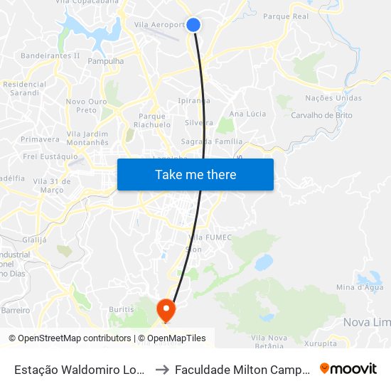 Estação Waldomiro Lobo to Faculdade Milton Campos map