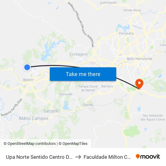 Upa Norte Sentido Centro De Betim to Faculdade Milton Campos map