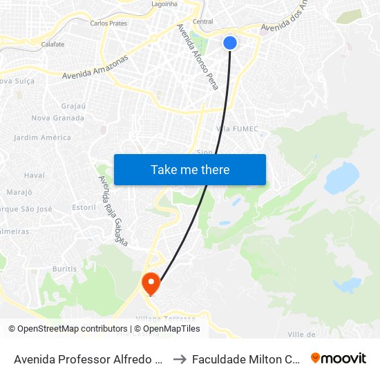 Avenida Professor Alfredo Balena 3 to Faculdade Milton Campos map