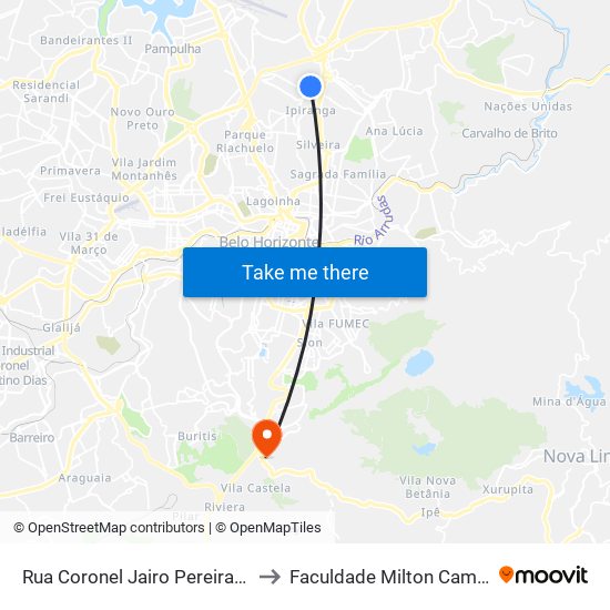 Rua Coronel Jairo Pereira 280 to Faculdade Milton Campos map