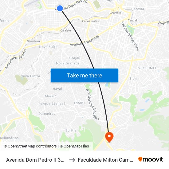 Avenida Dom Pedro II 3450 to Faculdade Milton Campos map
