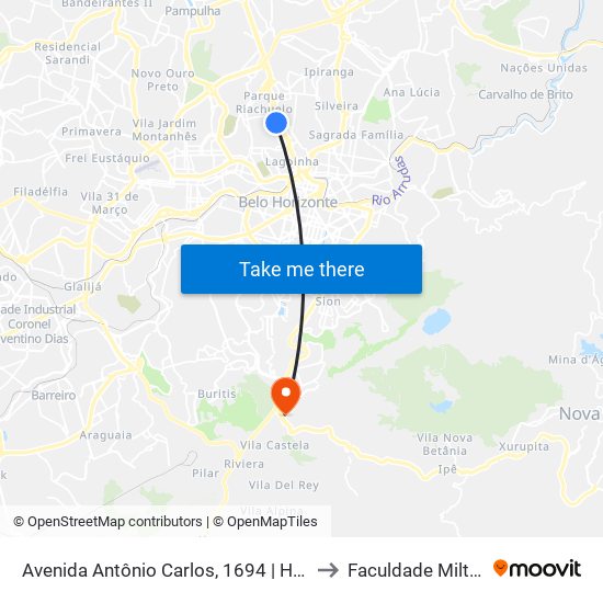 Avenida Antônio Carlos, 1694 | Hospital Belo Horizonte to Faculdade Milton Campos map