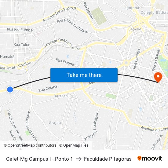 Cefet-Mg Campus I - Ponto 1 to Faculdade Pitágoras map