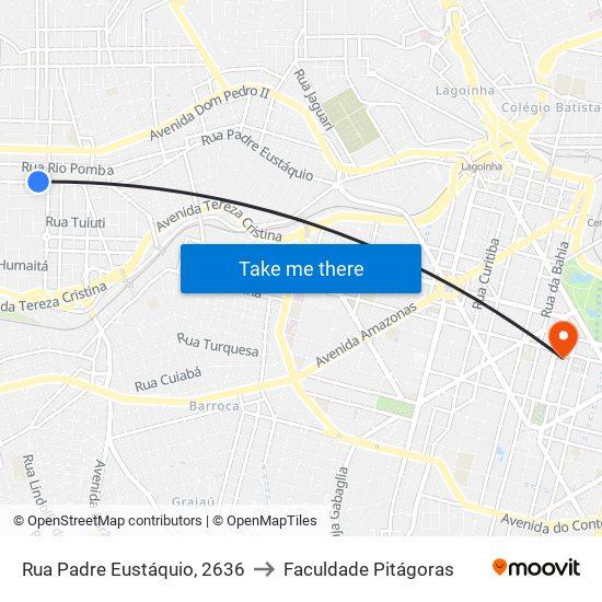 Rua Padre Eustáquio, 2636 to Faculdade Pitágoras map