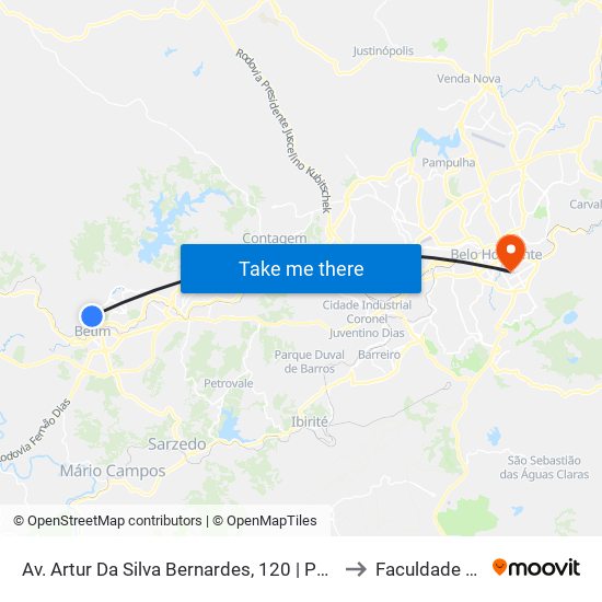 Av. Artur Da Silva Bernardes, 120 | Puc Minas Campus Betim to Faculdade Pitágoras map