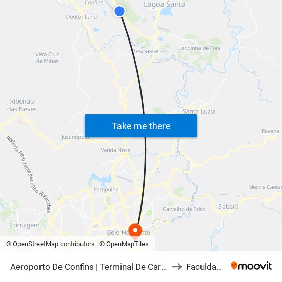 Aeroporto De Confins | Terminal De Cargas - Sentido Belo Horizonte/Lagoa Santa to Faculdade Pitágoras map