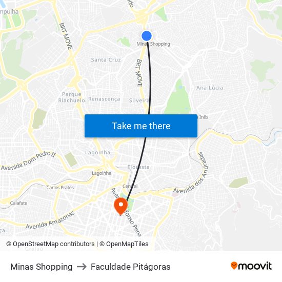 Minas Shopping to Faculdade Pitágoras map