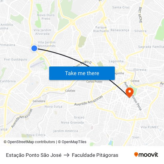 Estação Ponto São José to Faculdade Pitágoras map