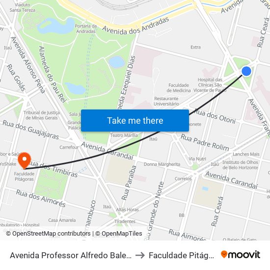 Avenida Professor Alfredo Balena 11 to Faculdade Pitágoras map