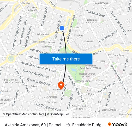 Avenida Amazonas, 60 | Palmeiras 1 to Faculdade Pitágoras map