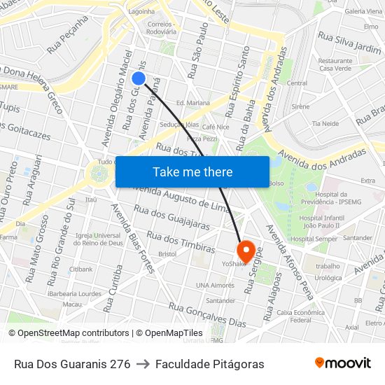 Rua Dos Guaranis 276 to Faculdade Pitágoras map