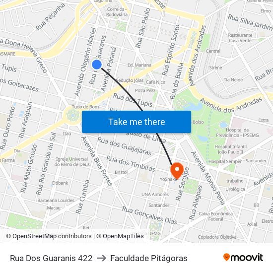 Rua Dos Guaranis 422 to Faculdade Pitágoras map