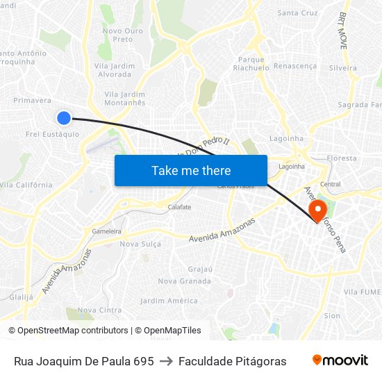 Rua Joaquim De Paula 695 to Faculdade Pitágoras map