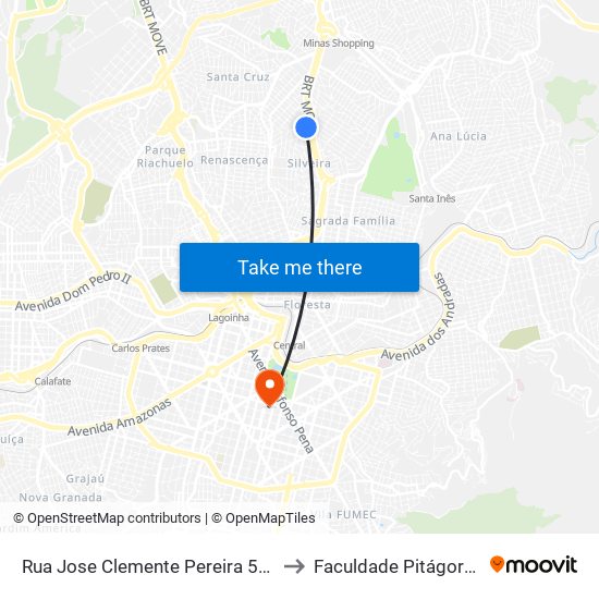 Rua Jose Clemente Pereira 572 to Faculdade Pitágoras map