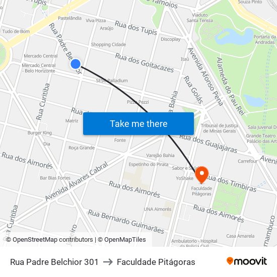 Rua Padre Belchior 301 to Faculdade Pitágoras map