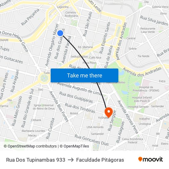 Rua Dos Tupinambas 933 to Faculdade Pitágoras map