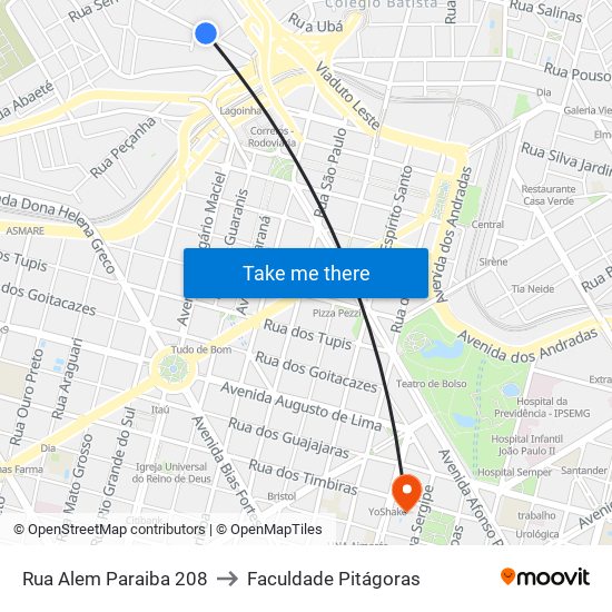 Rua Alem Paraiba 208 to Faculdade Pitágoras map