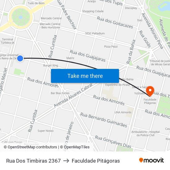 Rua Dos Timbiras 2367 to Faculdade Pitágoras map