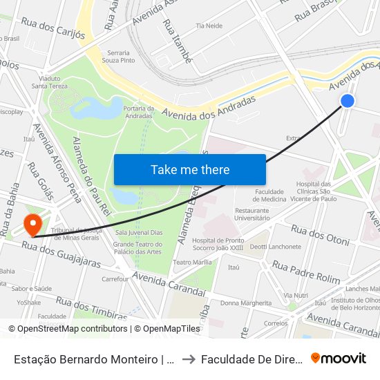 Estação Bernardo Monteiro | Move Metropolitano - Plataforma 1 B to Faculdade De Direito E Ciências Do Estado map