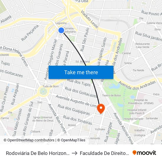 Rodoviária De Belo Horizonte | Pátio Externo - Ponto 4 to Faculdade De Direito E Ciências Do Estado map