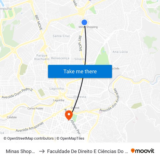 Minas Shopping to Faculdade De Direito E Ciências Do Estado map