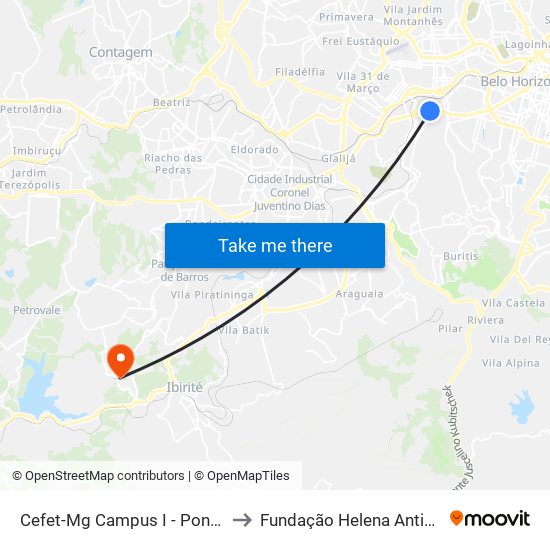 Cefet-Mg Campus I - Ponto 1 to Fundação Helena Antipoff map
