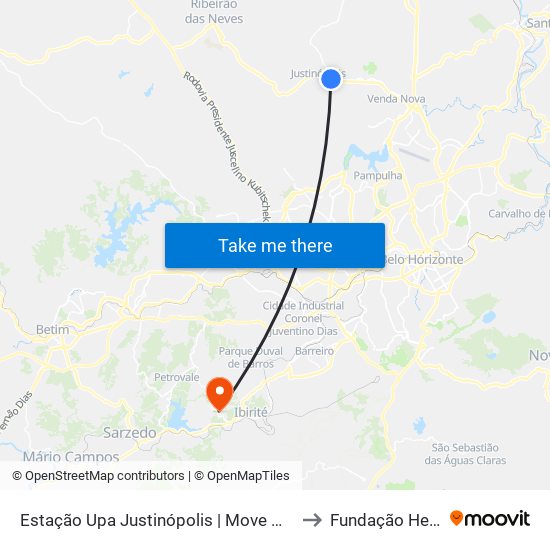 Estação Upa Justinópolis | Move Metropolitano - Sentido Bairro to Fundação Helena Antipoff map