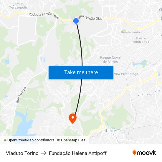 Viaduto Torino to Fundação Helena Antipoff map