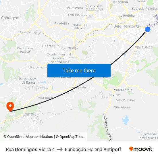 Rua Domingos Vieira 4 to Fundação Helena Antipoff map