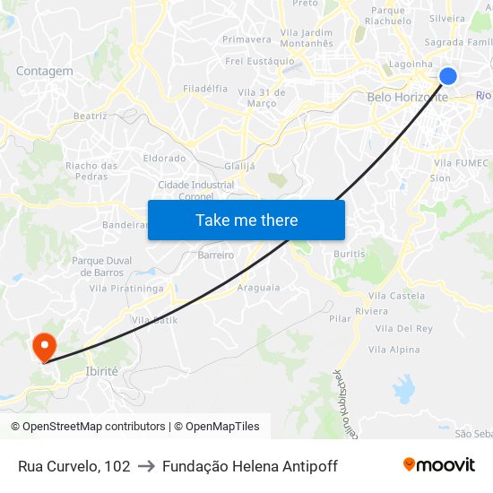 Rua Curvelo, 102 to Fundação Helena Antipoff map