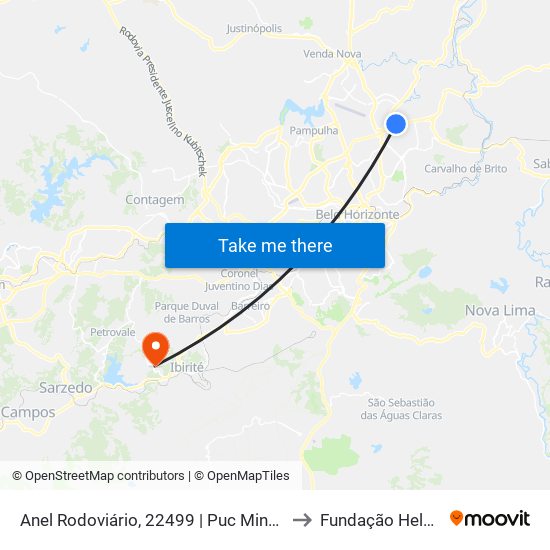 Anel Rodoviário, 22499 | Puc Minas Campus São Gabriel to Fundação Helena Antipoff map