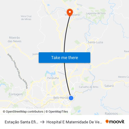 Estação Santa Efigênia to Hospital E Maternidade De Vespasiano map