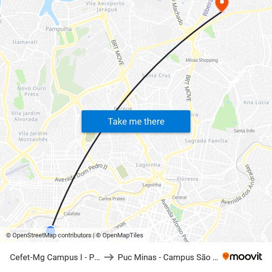 Cefet-Mg Campus I - Ponto 1 to Puc Minas - Campus São Gabriel map