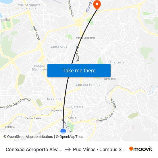 Conexão Aeroporto Álvares Cabral to Puc Minas - Campus São Gabriel map