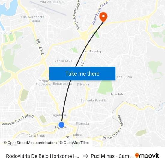 Rodoviária De Belo Horizonte | Taxa De Embarque: R$ 6,87 to Puc Minas - Campus São Gabriel map