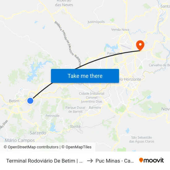 Terminal Rodoviário De Betim | Plataforma A1 - Sentido Centro to Puc Minas - Campus São Gabriel map
