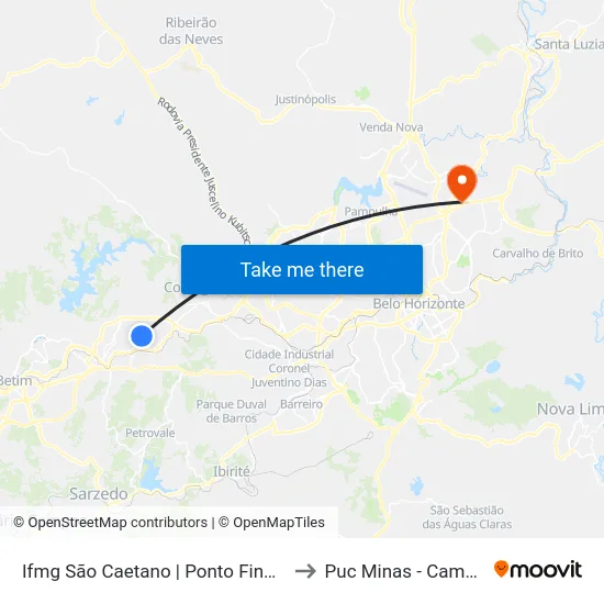 Ifmg São Caetano | Ponto Final Linha 410 (Embarque) to Puc Minas - Campus São Gabriel map