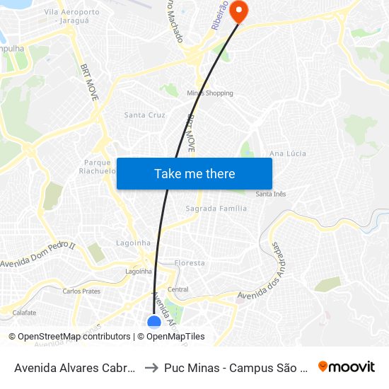 Avenida Alvares Cabral 400 to Puc Minas - Campus São Gabriel map