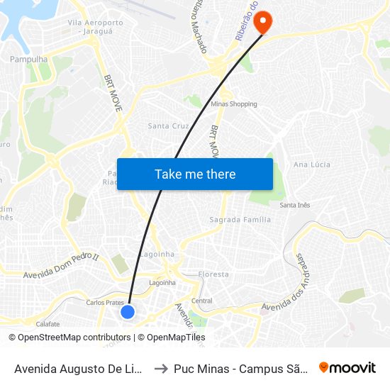 Avenida Augusto De Lima 1549 to Puc Minas - Campus São Gabriel map