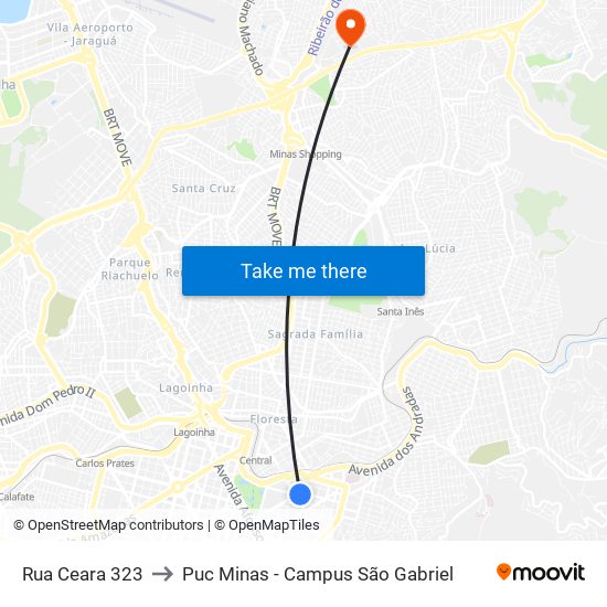 Rua Ceara 323 to Puc Minas - Campus São Gabriel map