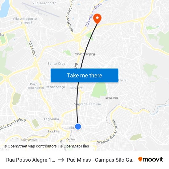 Rua Pouso Alegre 1117 to Puc Minas - Campus São Gabriel map