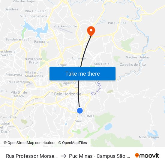 Rua Professor Moraes 595 to Puc Minas - Campus São Gabriel map