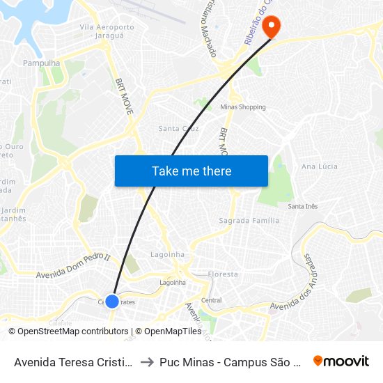 Avenida Teresa Cristina 35 to Puc Minas - Campus São Gabriel map