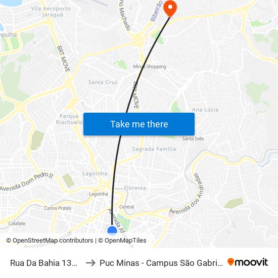 Rua Da Bahia 1320 to Puc Minas - Campus São Gabriel map