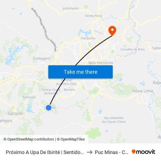 Próximo A Upa De Ibirité | Sentido Centro De Ibirité E Volta Para O Terminal to Puc Minas - Campus São Gabriel map