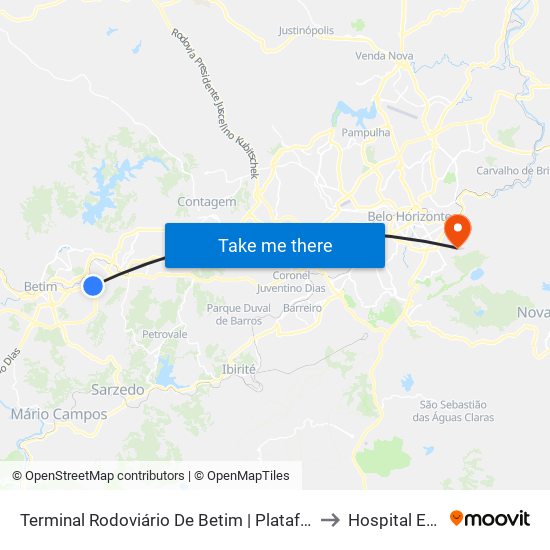 Terminal Rodoviário De Betim | Plataforma B2 - Sentido Bairro to Hospital Evangélico map