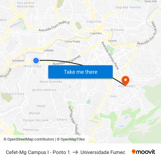 Cefet-Mg Campus I - Ponto 1 to Universidade Fumec map
