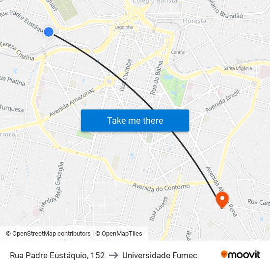 Rua Padre Eustáquio, 152 to Universidade Fumec map